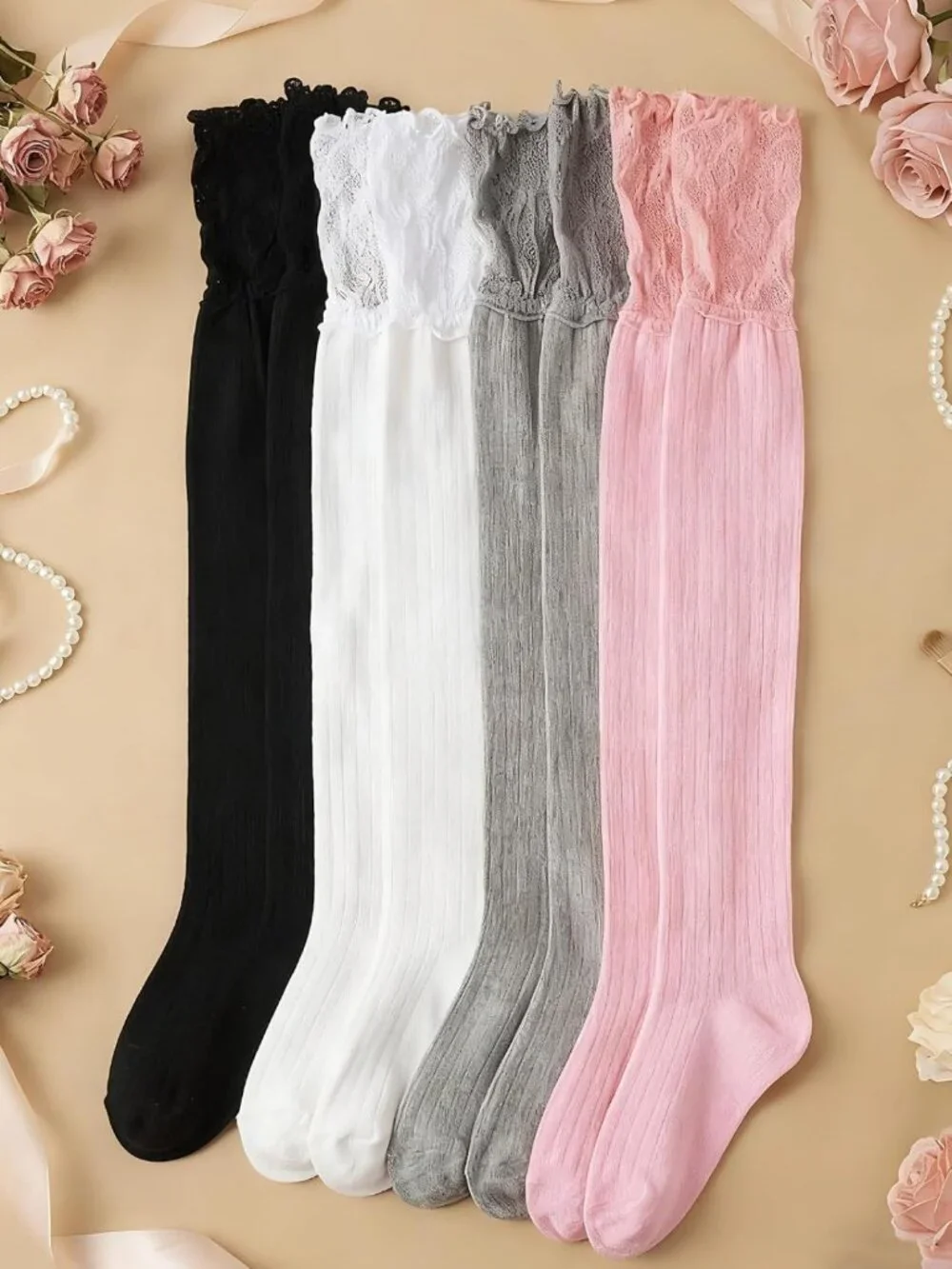 Knee High Lace Socks - 4 Pairs Women's Kawaii Lolita Boot Stockings, Long